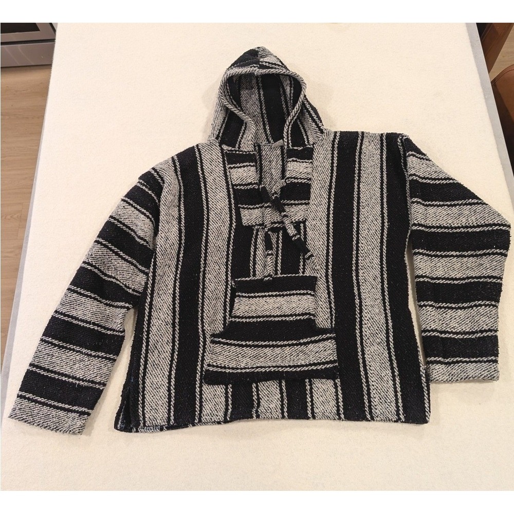 Vintage 1990s Baja Hoodie Black Gray Striped Pullover Drug Rug Sweater